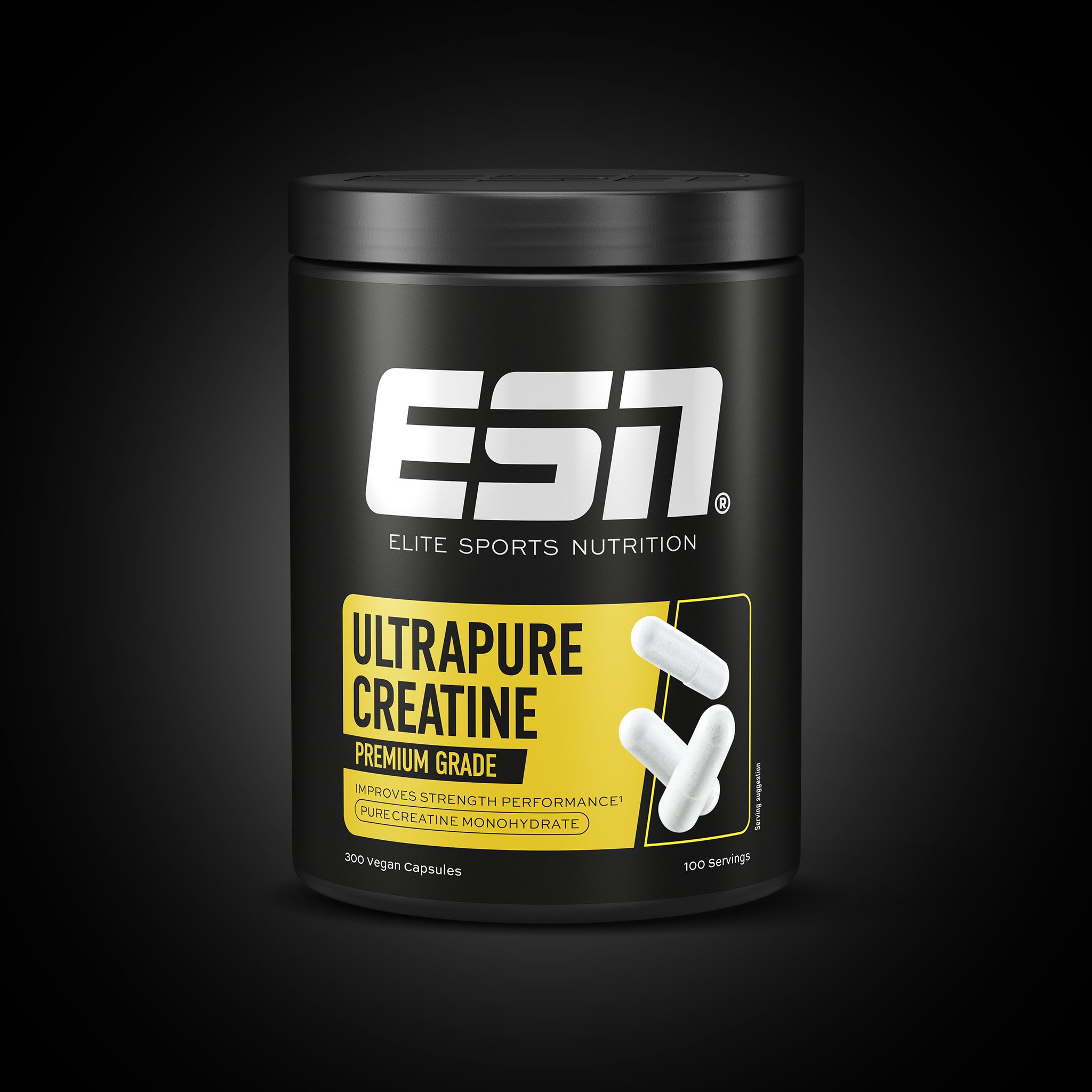 Schwarze Dose mit weißem Etikett und Text. Enthält Kapseln. Aufschrift: ESN, Ultrapure Creatine, Premium Grade.