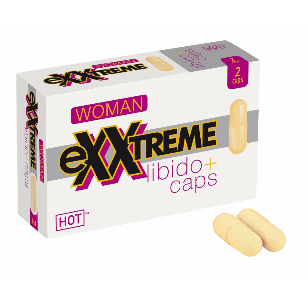 Verpackung mit zwei Kapseln. Aufschrift: eXXtreme Libido+ caps, Woman, HOT. Zwei Kapseln liegen daneben.