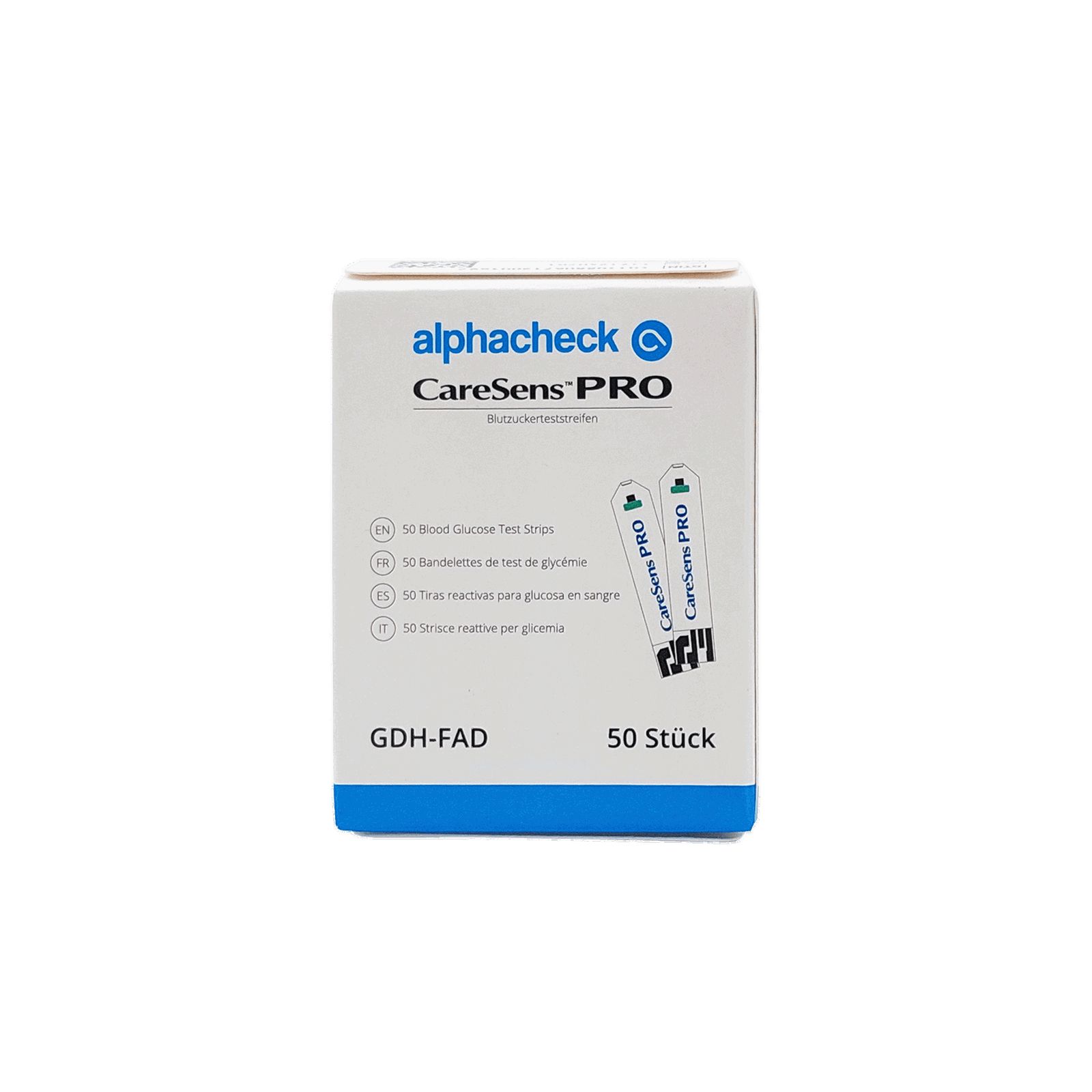 Verpackung von CareSens PRO Blutzuckerteststreifen. Enthält 50 Stück. Marke: alphacheck. Aufschrift: GDH-FAD.