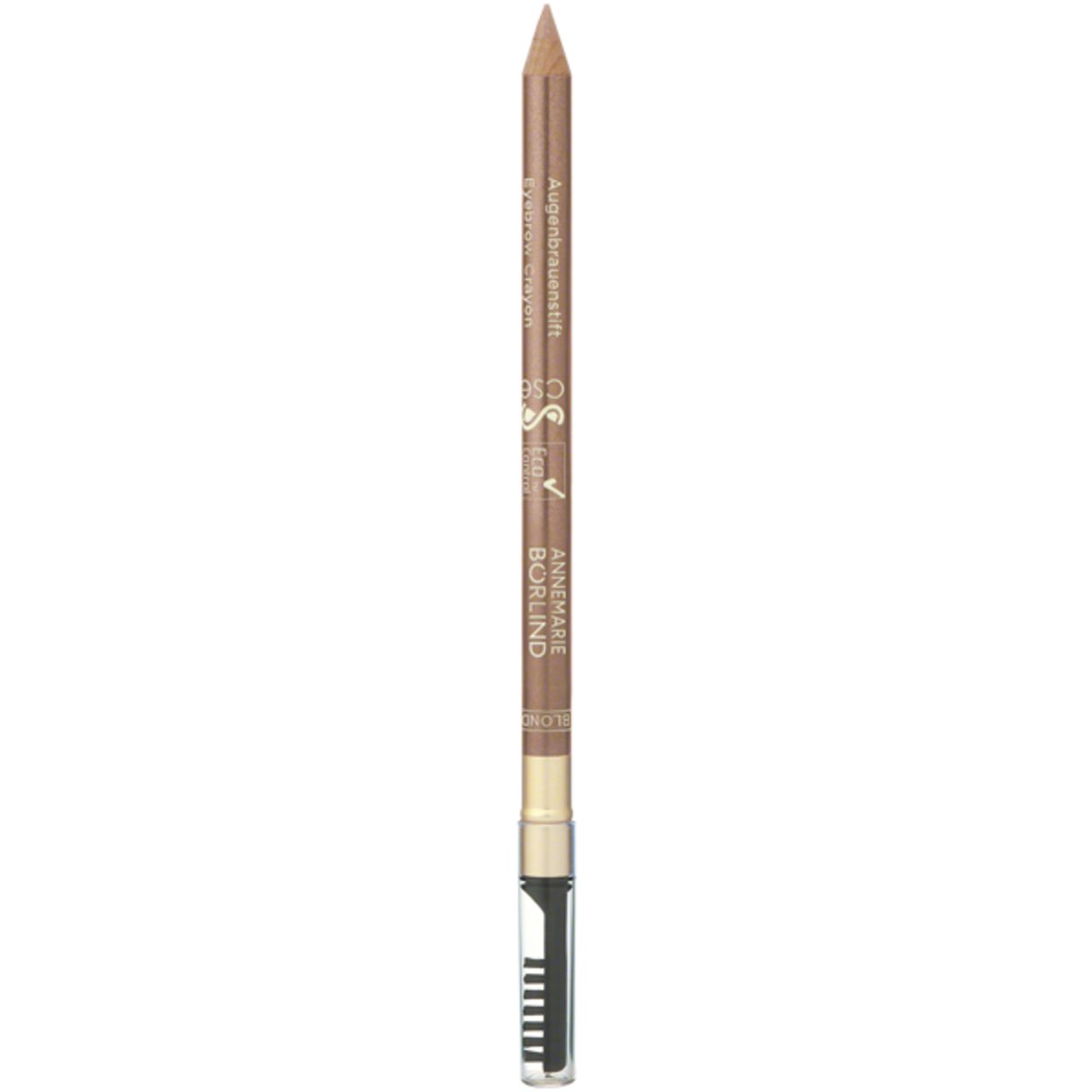 Augenbrauenstift von Annemarie Börlind. Hellbrauner Stift mit Bürste. Aufschrift: Augenbrauenstift, Farbe.