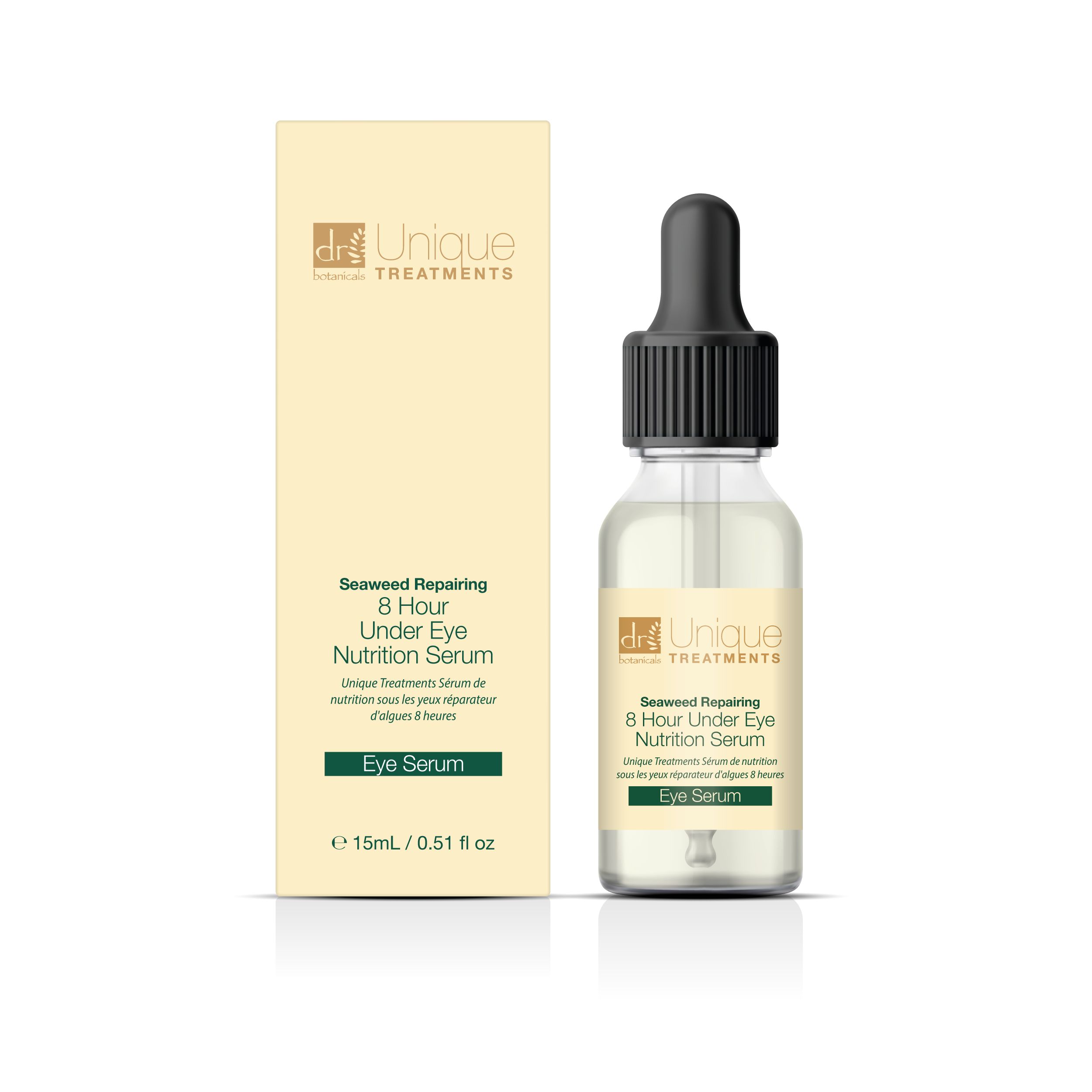 Serumflasche mit Pipette und Verpackung. Aufschrift: Seaweed Repairing 8 Hour Under Eye Nutrition Serum.