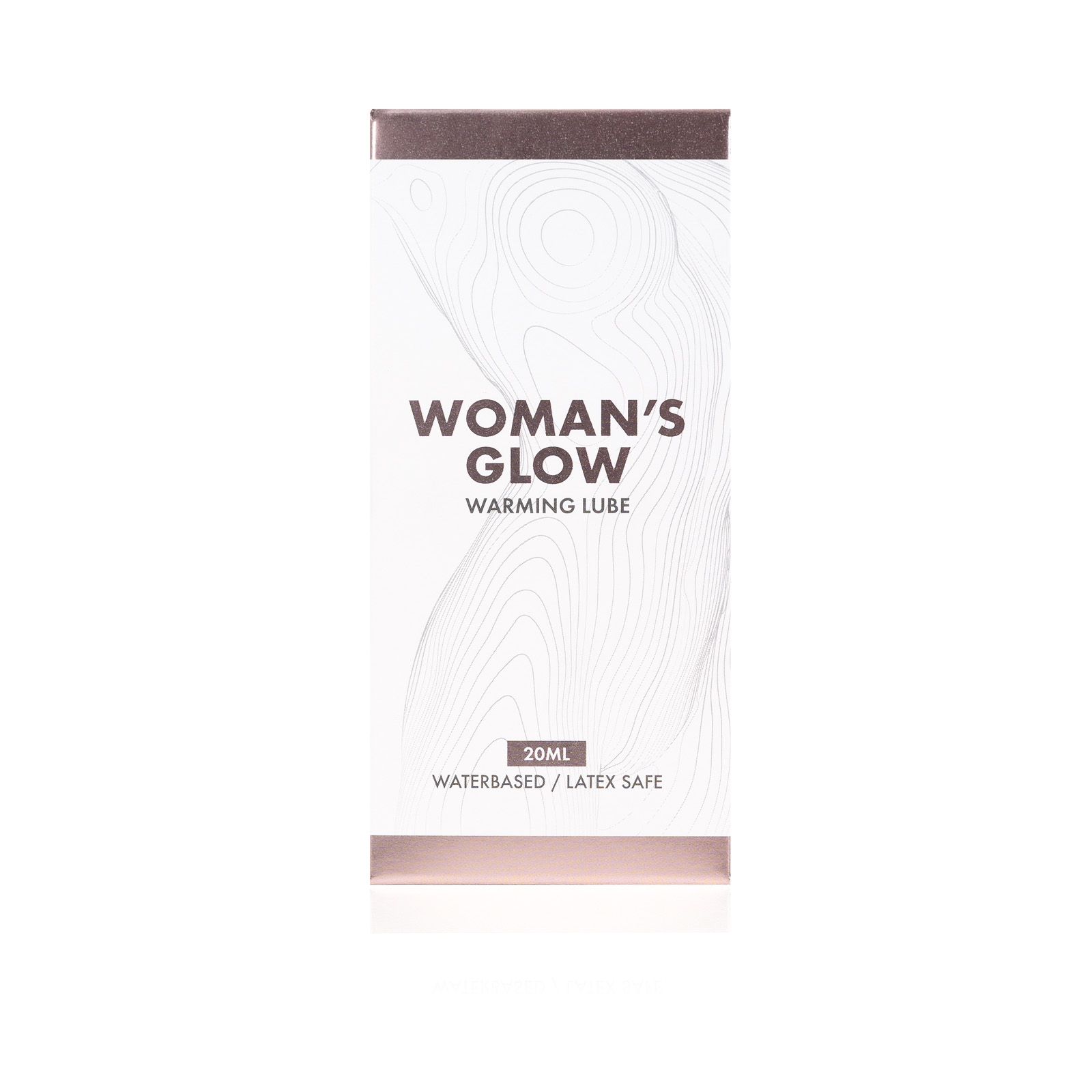 Verpackung von WOMAN'S GLOW Warming Lube. Weißer Karton mit rosa Akzenten. Produktname und Logo.