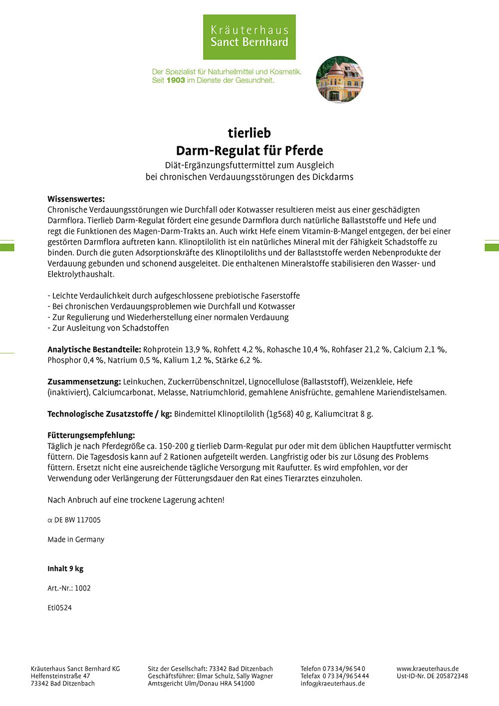 Sanct Bernhard tierlieb Darm-Regulat für Pferde