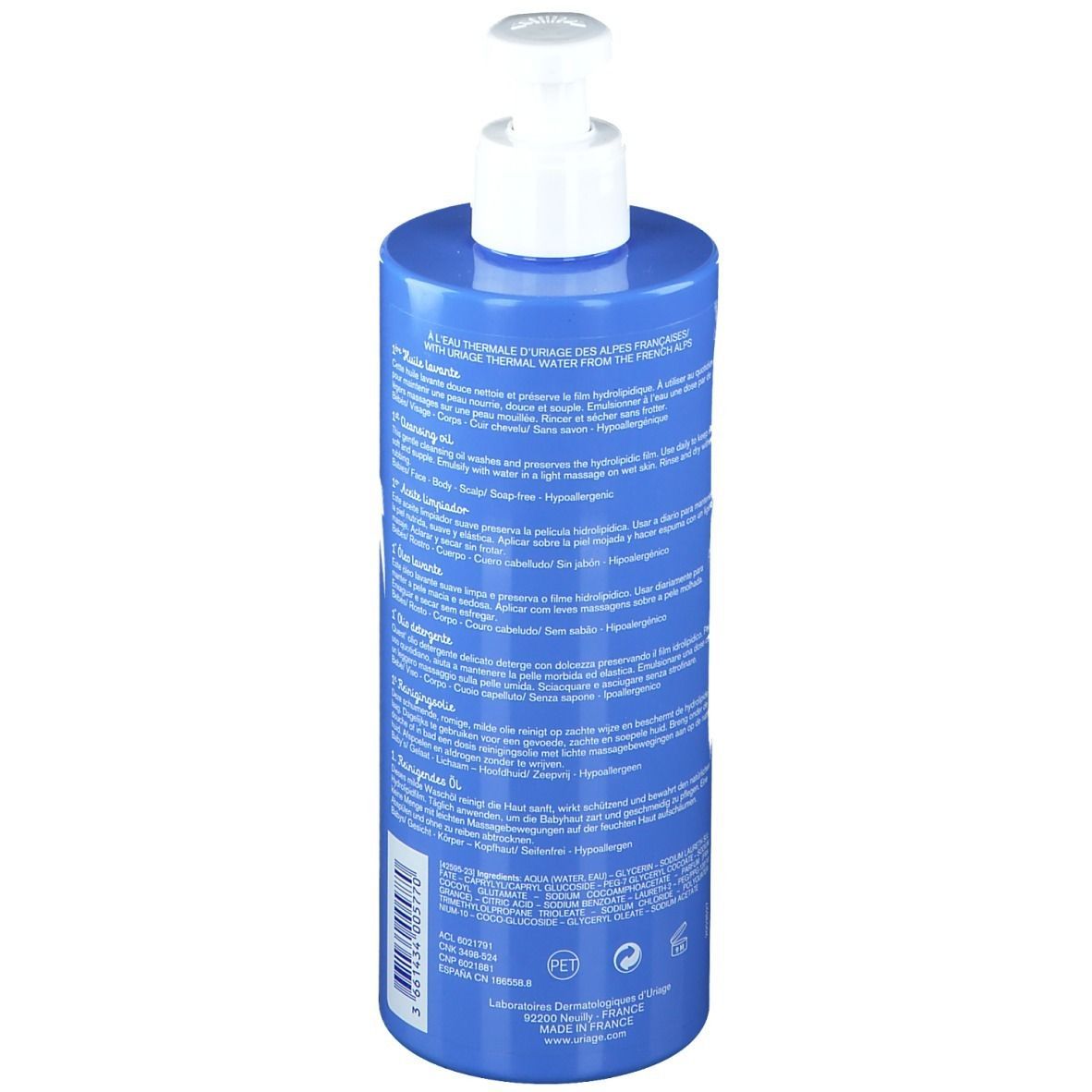 Flacone blu con dosatore bianco. Retro con testo multilingue. Contiene acqua termale delle Alpi francesi.