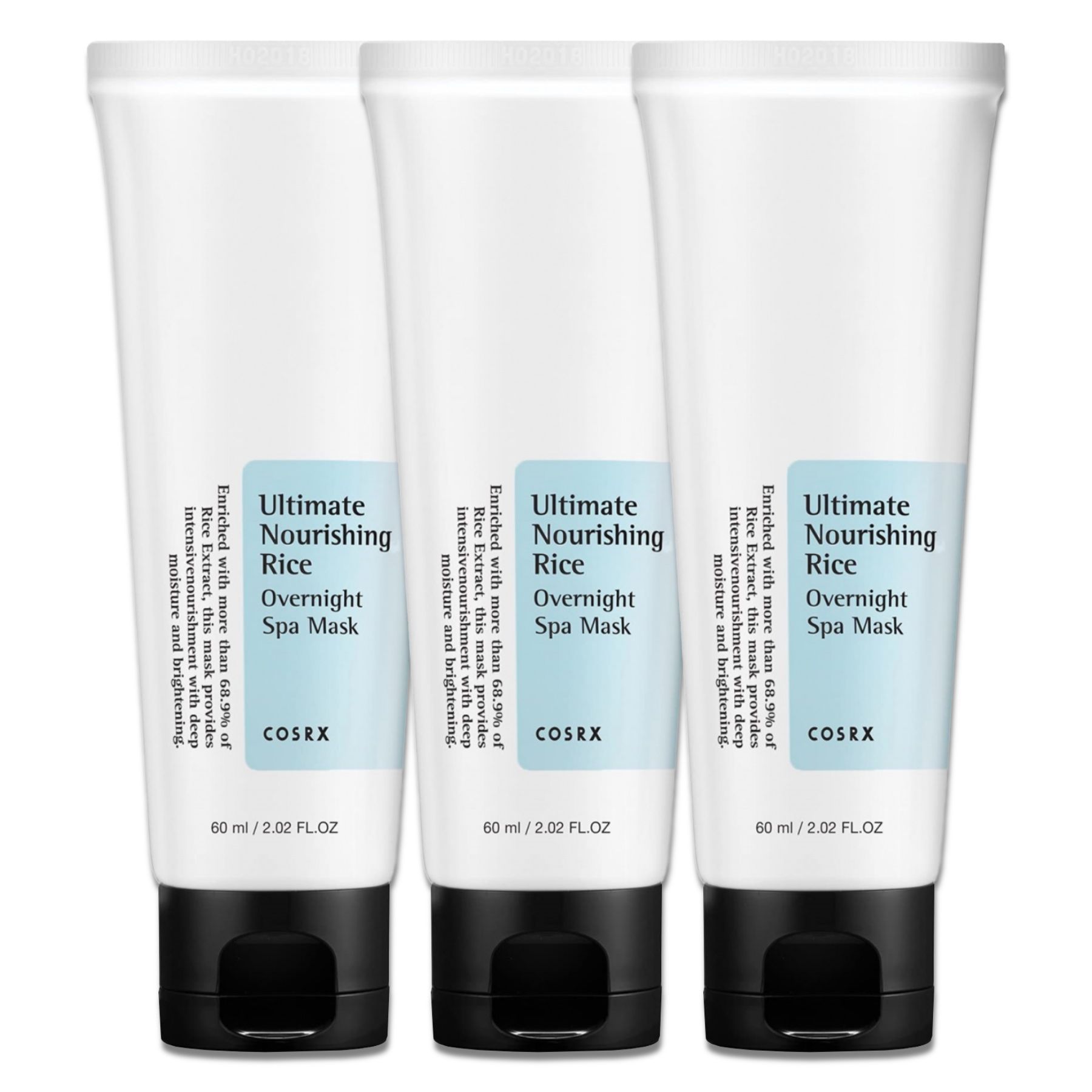 Drei weiße Tuben mit schwarzem Deckel. Aufschrift: Ultimate Nourishing Rice Overnight Spa Mask. Marke: COSRX.