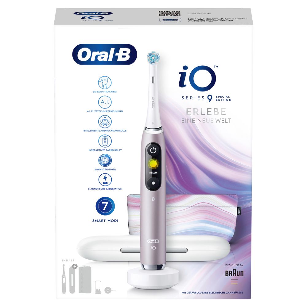 Verpackung der elektrischen Zahnbürste Oral-B iO Series 9. Zahnbürste, Etui und Zubehör sind abgebildet.