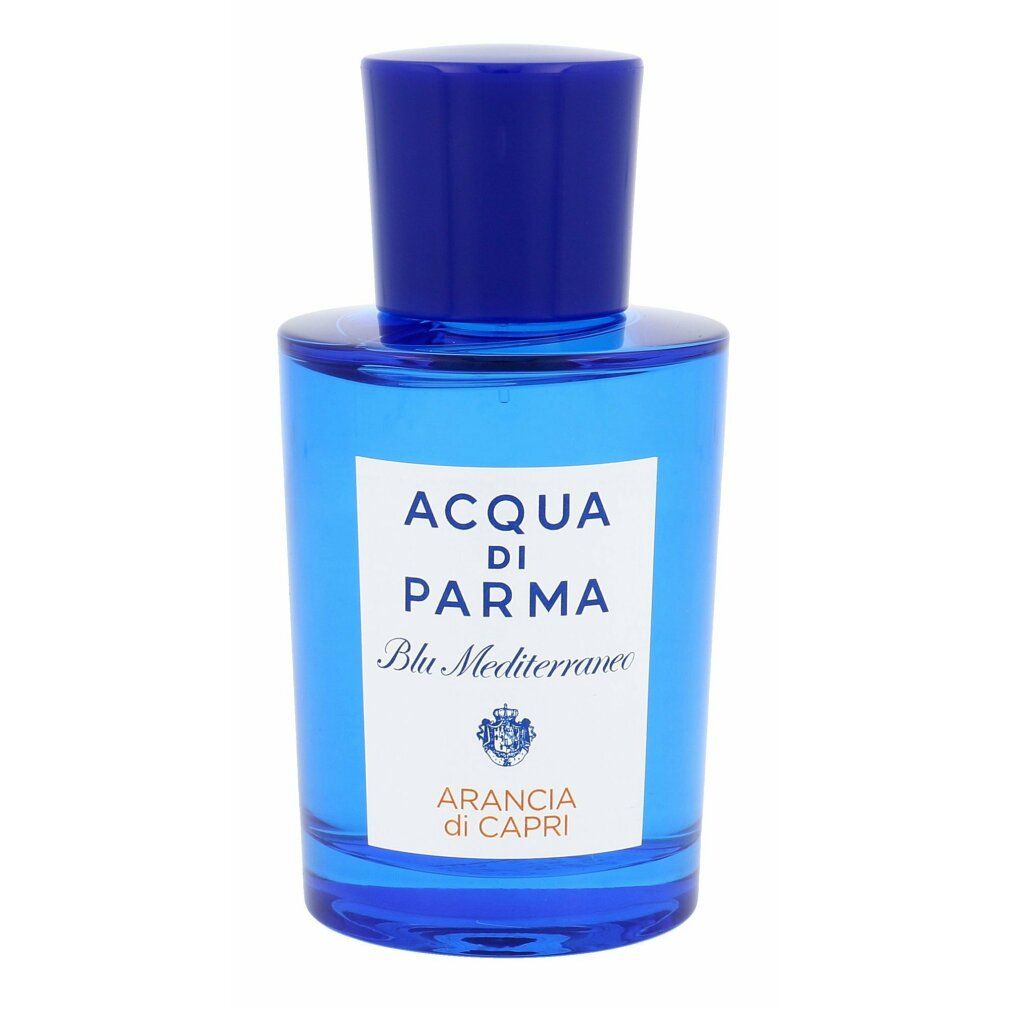 Blaues Parfümflakon. Aufschrift: Acqua di Parma Blu Mediterraneo Arancia di Capri Eau de Toilette.