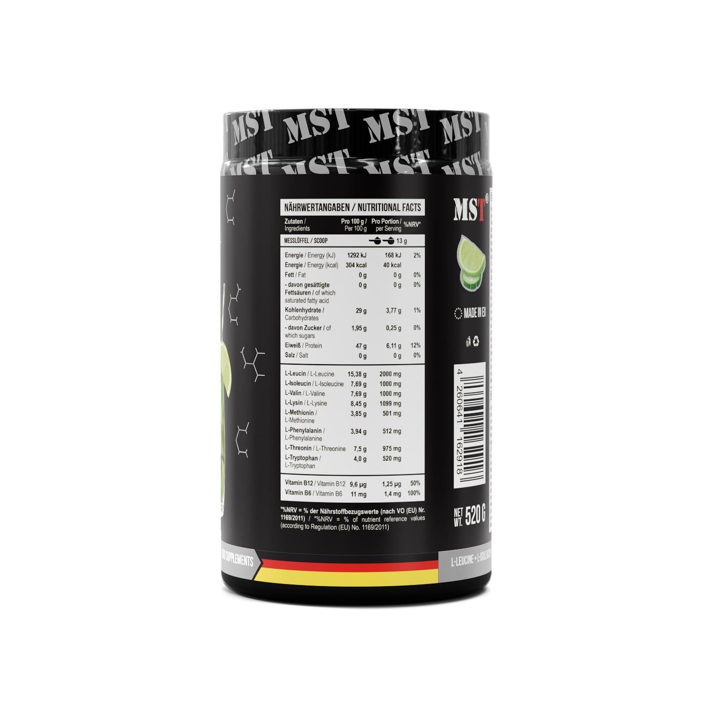Rückseite eines schwarzen Behälters für MST BCAA & EAA mit detaillierten Nährwertangaben.