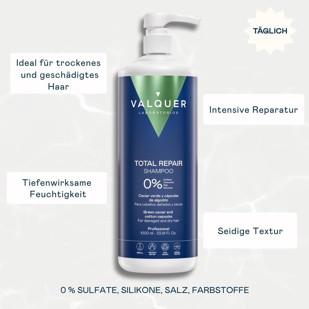 Valquer Total Repair Shampoo, 1000ml Pumpflasche, für trockenes und geschädigtes Haar.