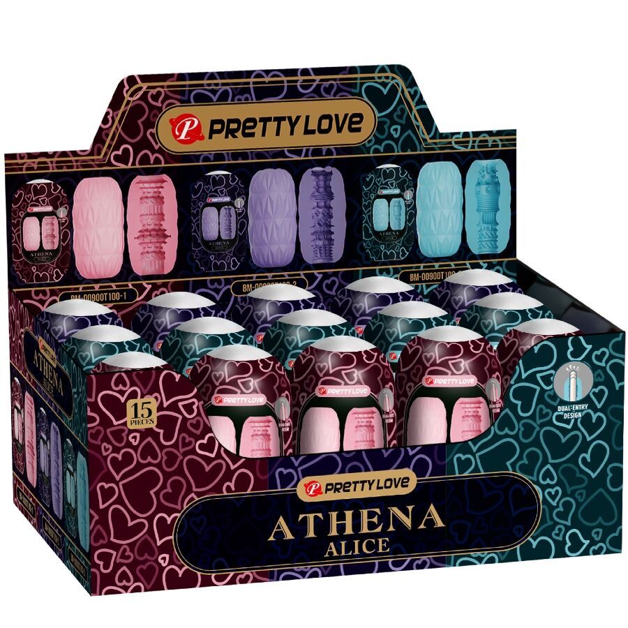 Verkaufsdisplay mit Produkten. Logo Pretty Love und Athena Alice. Mehrere Farben und Formen.