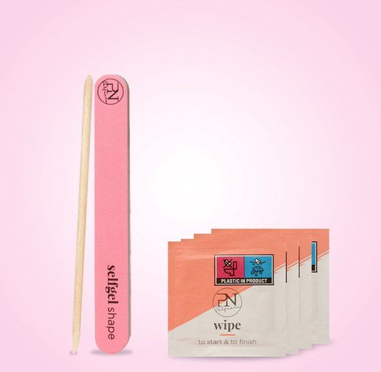 Rosa Nagelfeile mit Aufdruck 'selfgel shape' und Nagelhautschieber. Dazu Reinigungstücher mit PN-Logo und Aufdruck.