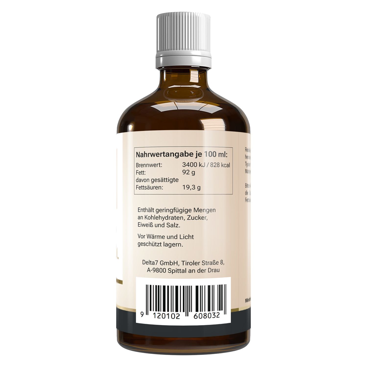 Rückseite der Flasche. Text: Nährwertangaben pro 100 ml. Barcode.