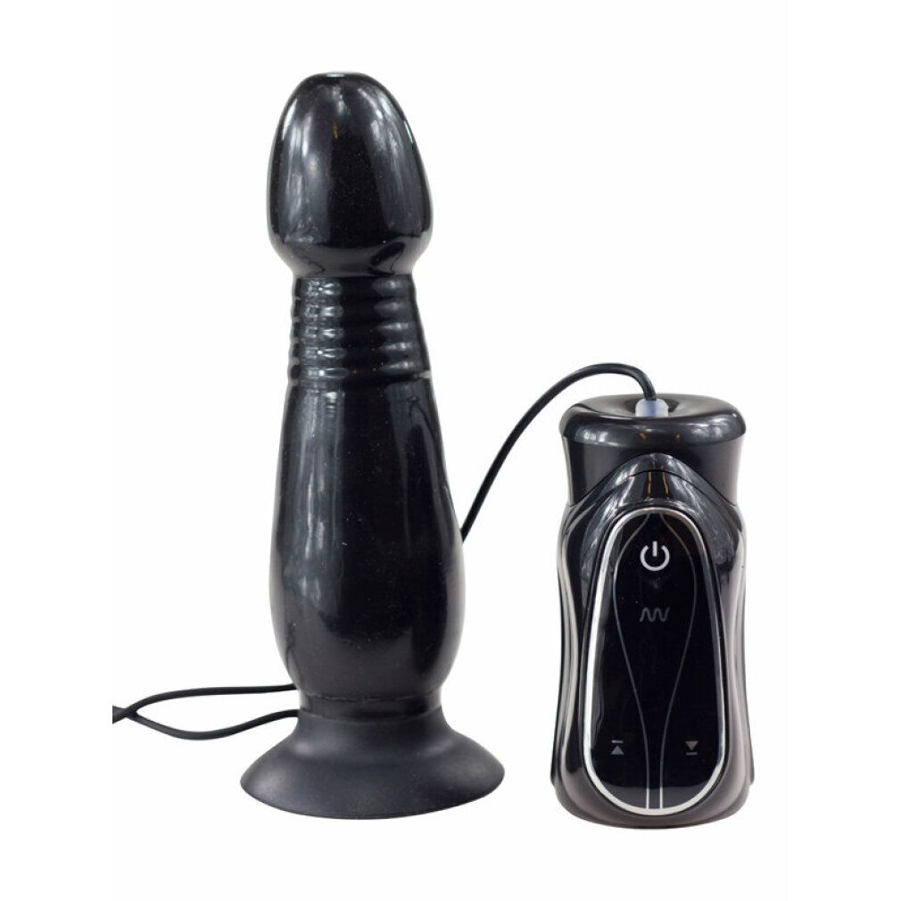 Schwarzer Vibrator mit geriffelter Oberfläche und abgerundeter Spitze. Mit Fernbedienung.