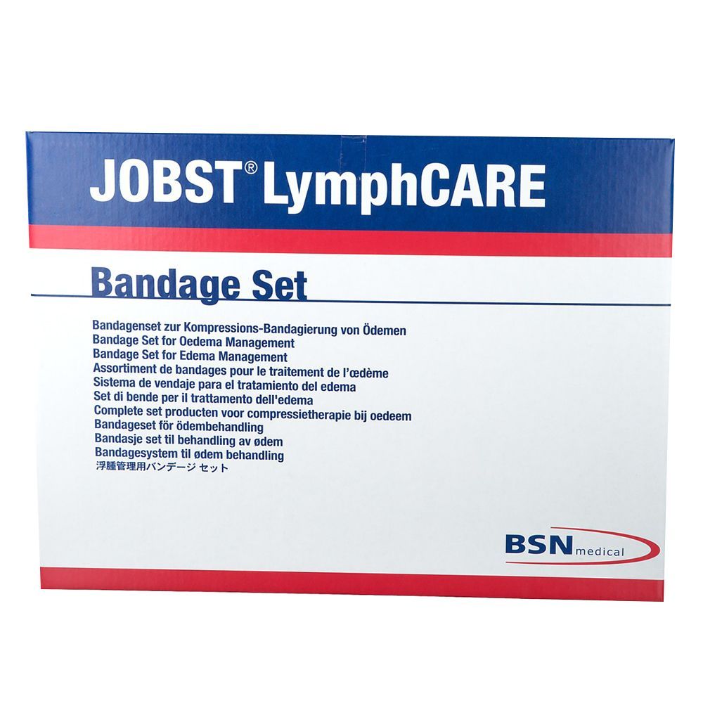 Verpackung von JOBST LymphCARE Bandage Set. Blauer Deckel mit weißem Text. BSN medical Logo unten rechts.