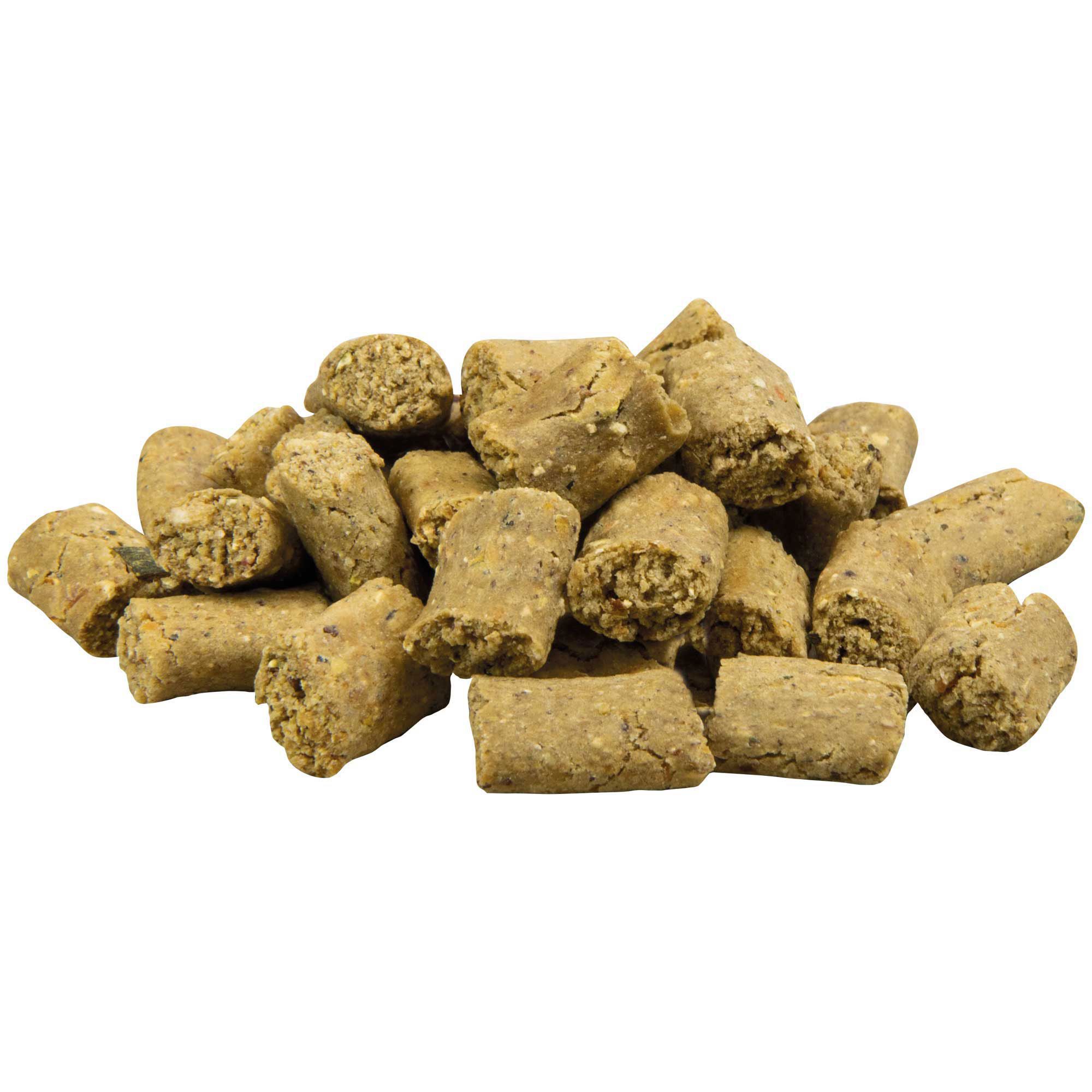 Hundesnack Knuspies, beige, zylindrisch, unregelmäßige Form. Haufen von Snacks auf weißem Hintergrund.