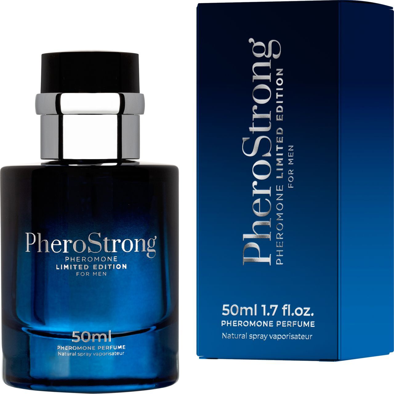 Parfumflakon und Verpackung. Flakon: blau, silberner Verschluss. Verpackung: blau, silberne Schrift: PheroStrong, 50ml.