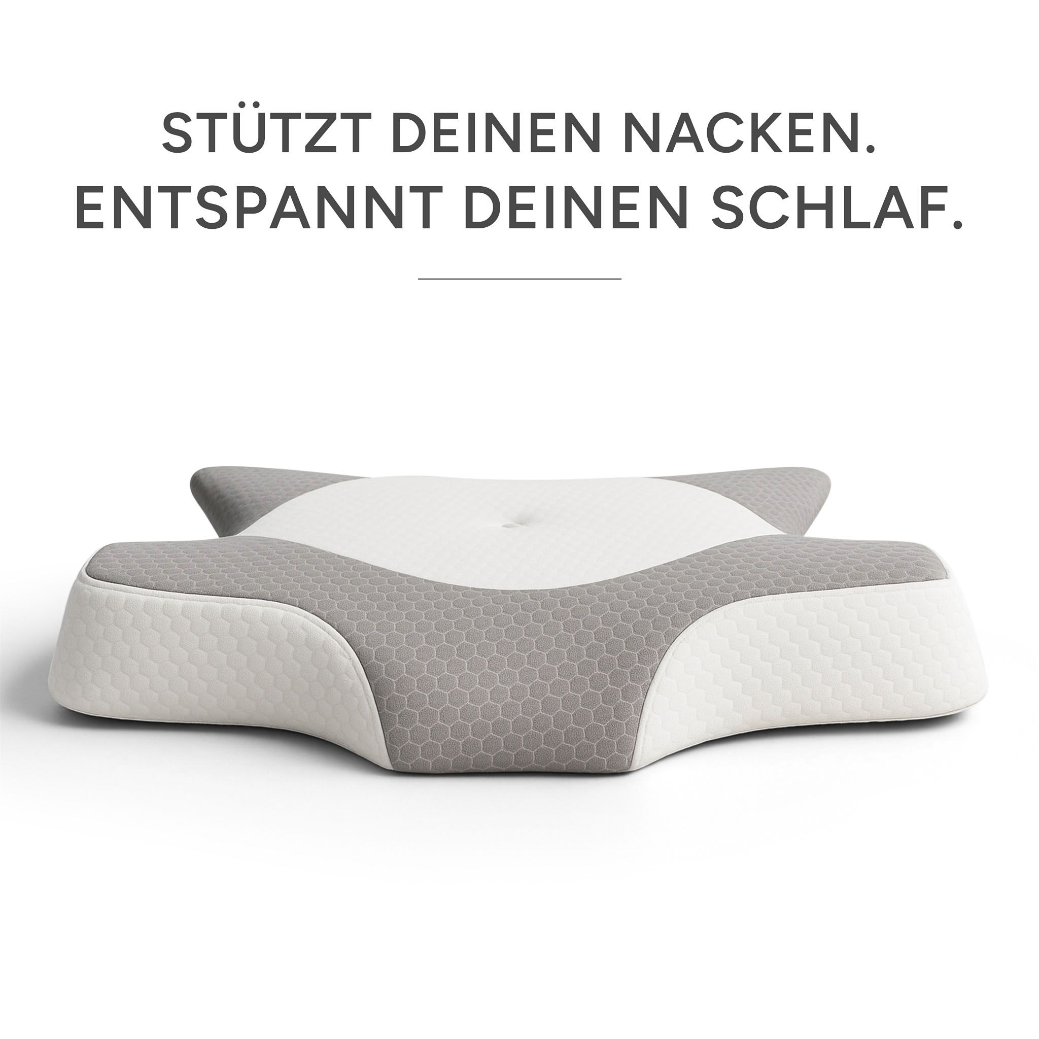 Orthopädisches Nackenkissen, grau-weiß. Text: 'Stützt deinen Nacken. Entspannt deinen Schlaf.'
