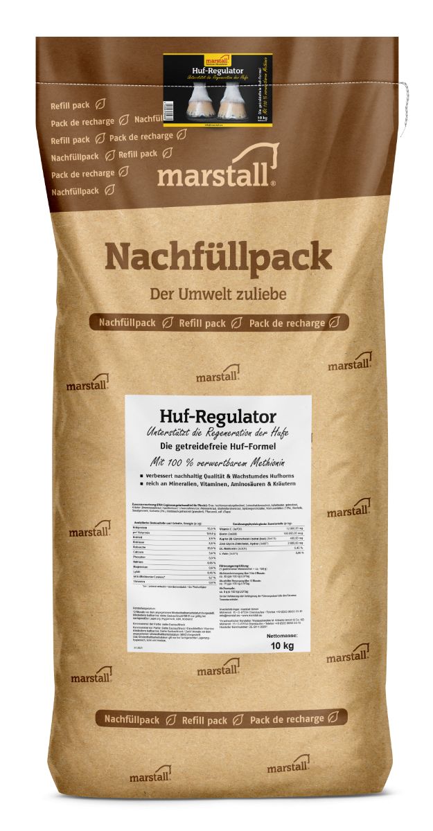 Braune Papiertüte mit Produktaufdrucken. Oben: Marstall-Logo und Produktname. Unten: Huf-Regulator, Inhaltsangaben und 10 kg.