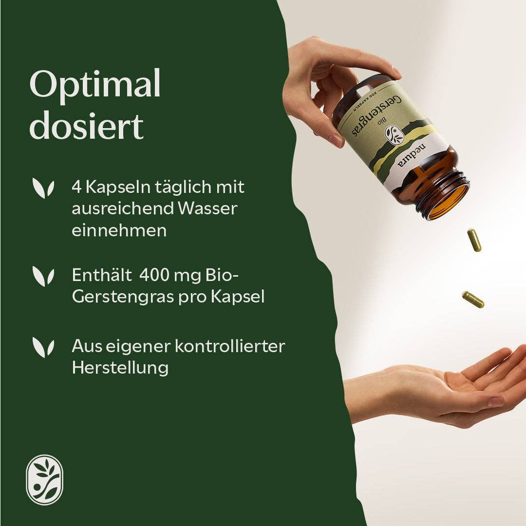Hand hält eine Flasche "Gerstengras" und lässt Kapseln fallen. Text: "Optimal dosiert".