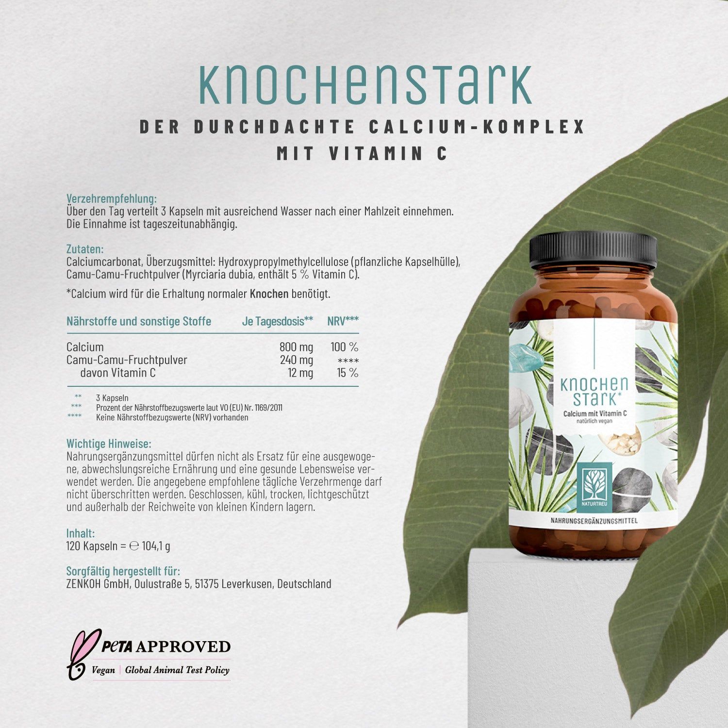 Braune Flasche mit KNOCHENSTARK. Text: Calcium mit Vitamin C. PETA-Logo. Text: 120 Kapseln. Vegan. Hintergrund: grünes Blatt.