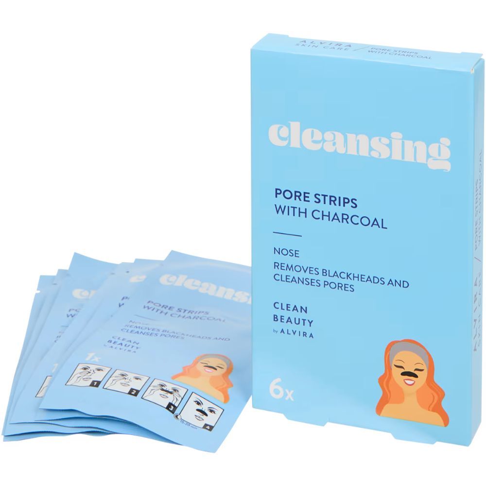 Hellblaue Verpackung und einzelne Porenstrips. Aufschrift "cleansing" und "Pore Strips with Charcoal". 6 Strips sichtbar. Illustration einer Frau mit Nasenstrip.