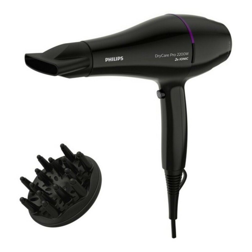 Schwarzer Haartrockner mit Diffusor. Aufschrift Philips, DryCare Pro 2200W, 2x IONIC.