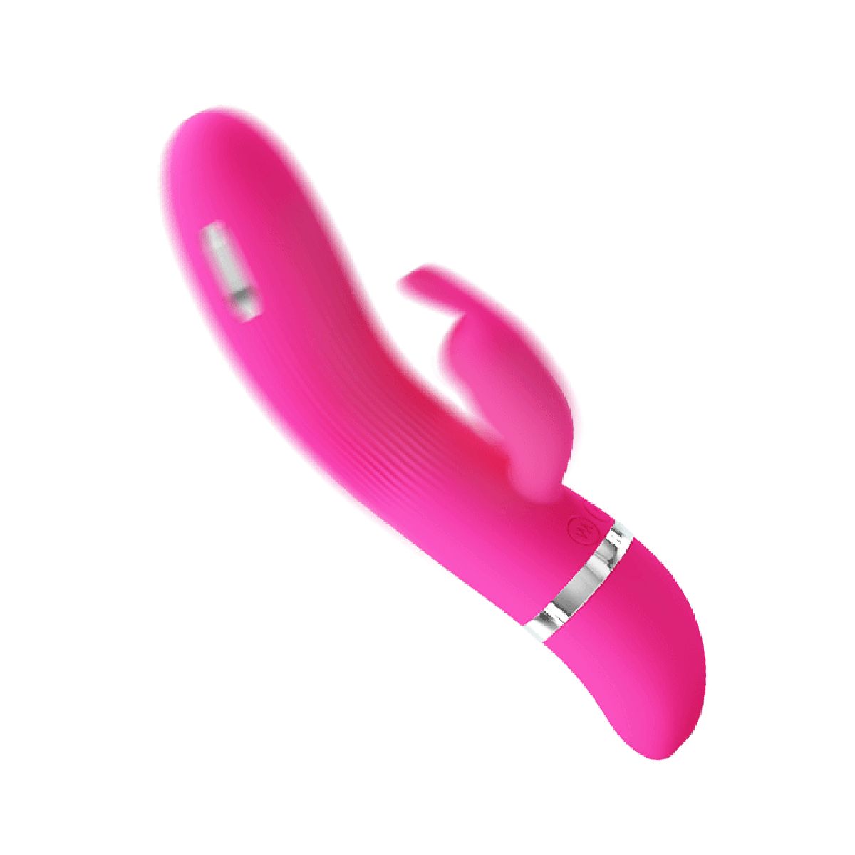 Pinkfarbener Vibrator mit geriffelter Oberfläche und Hasenohren. Silberfarbene Akzente. Auf weißem Hintergrund.