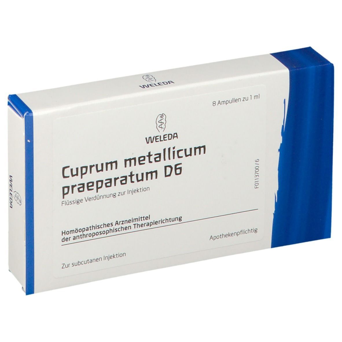 Weleda Cuprum metallicum praeparatum D6, Packung mit 8 Ampullen. Weiße Schachtel mit blauen Akzenten und Produktinformationen.