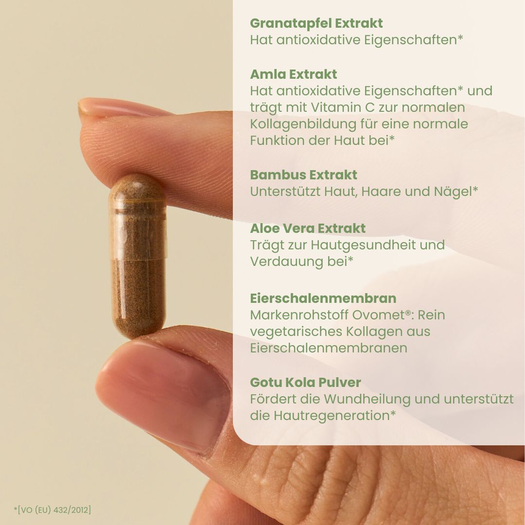 Kapsel in Hand gehalten. Aufschrift: Granatapfel, Amla, Bambus, Aloe Vera, Eierschalenmembran, Gotu Kola.