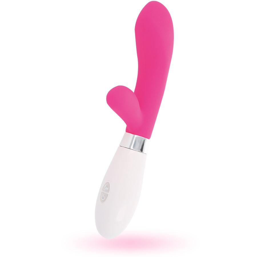 Ein weiß-pinkfarbener Vibrator. Der obere Teil ist pink, der untere Teil weiß. Ein silberner Ring verbindet die Teile.