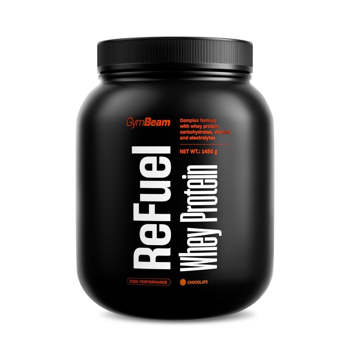 Schwarzer Behälter mit GymBeam ReFuel Whey Protein Pulver, Schokoladengeschmack.