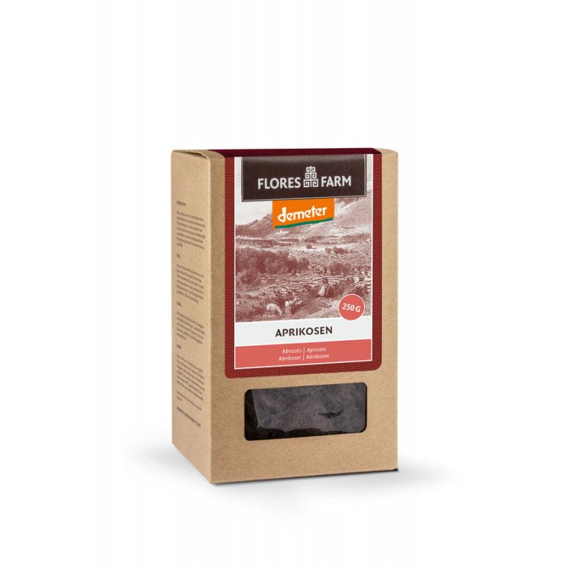 Kartonverpackung mit getrockneten Aprikosen. Aufschrift: Flores Farm, Demeter, Aprikosen, 250g.