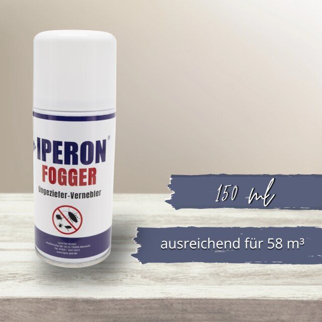 Weiße Sprühdose mit blauem Etikett und roter Schrift. Aufschrift: IPERON FOGGER Ungeziefer-Vernebler. Text: 150 ml, ausreichend für 58 m³.