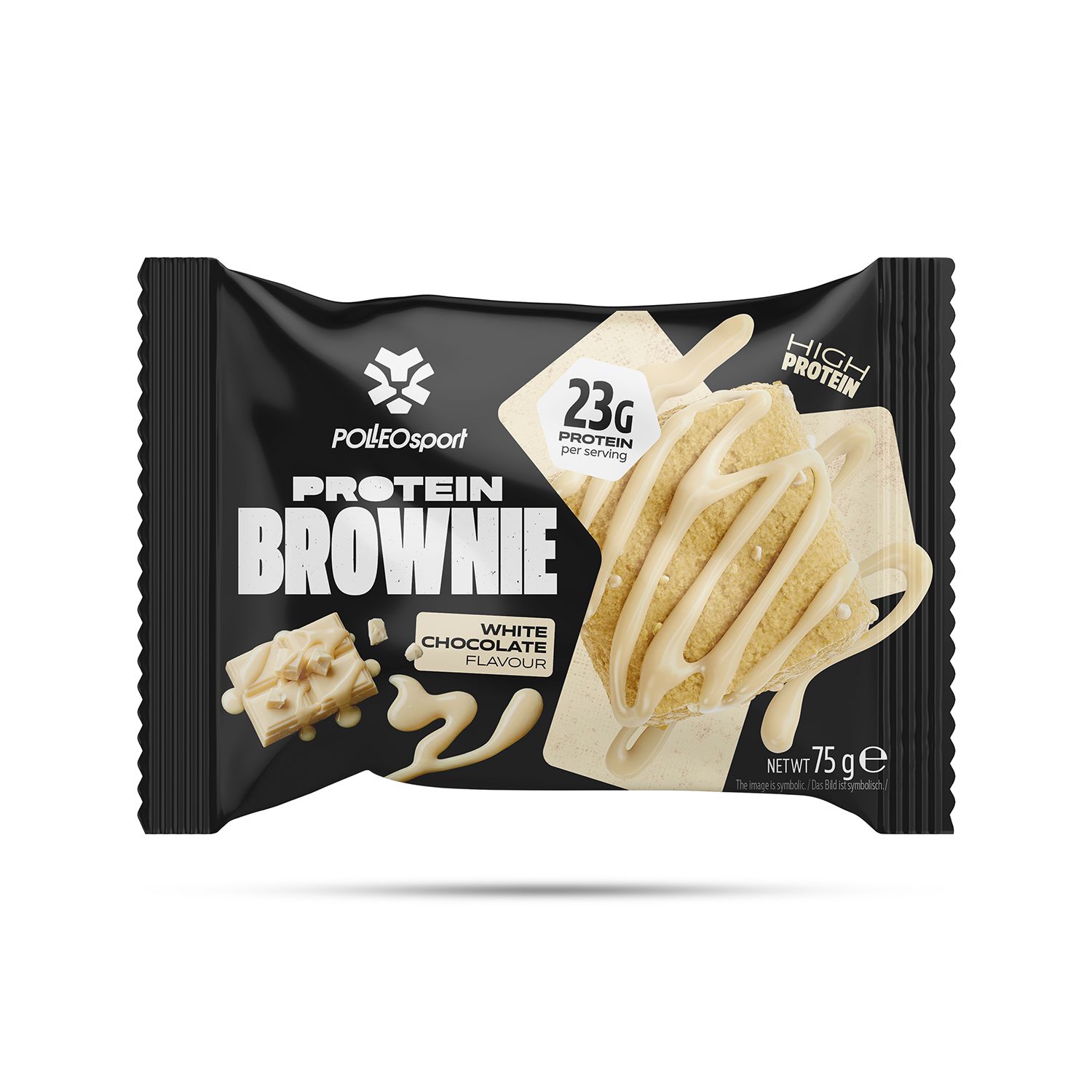 Schwarze Verpackung mit Protein Brownie. Aufdruck: PolleoSport, Protein Brownie, 23g Protein, White Chocolate Flavour. 75g.