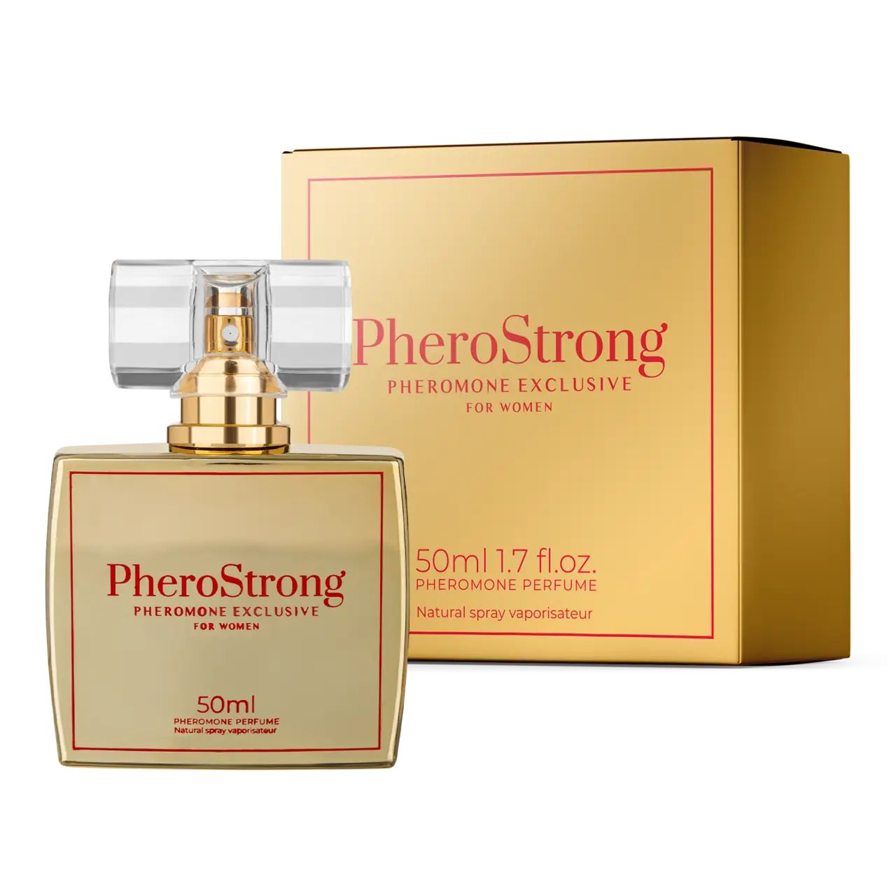 Goldfarbene Flasche und Verpackung. Aufschrift PheroStrong, Pheromone Exclusive for Women. 50ml Flasche. Natürlicher Spray-Verdampfer.