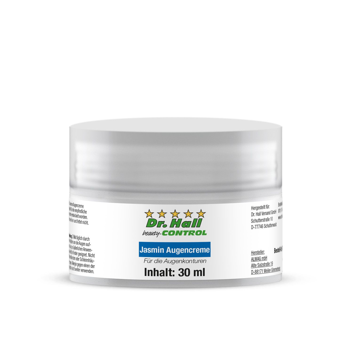 Creme-Dose mit Deckel. Aufschrift: Jasmin Augencreme, Inhalt: 30 ml. Marke: Dr. Hall Beauty-Control.