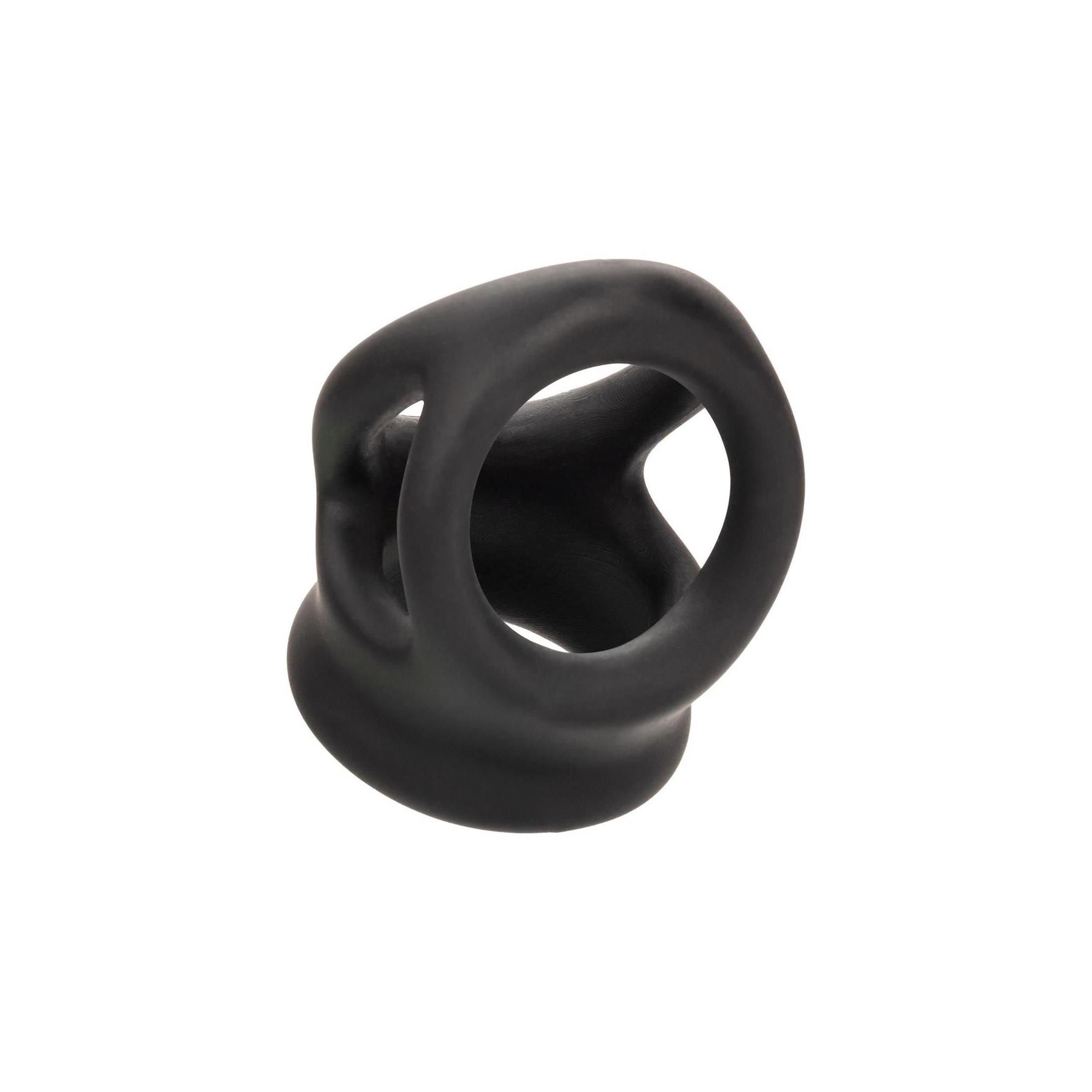 Schwarzer, doppelter Cage-Ring. Zwei Ringe sind durch einen Mittelsteg verbunden. Aus Silikon.