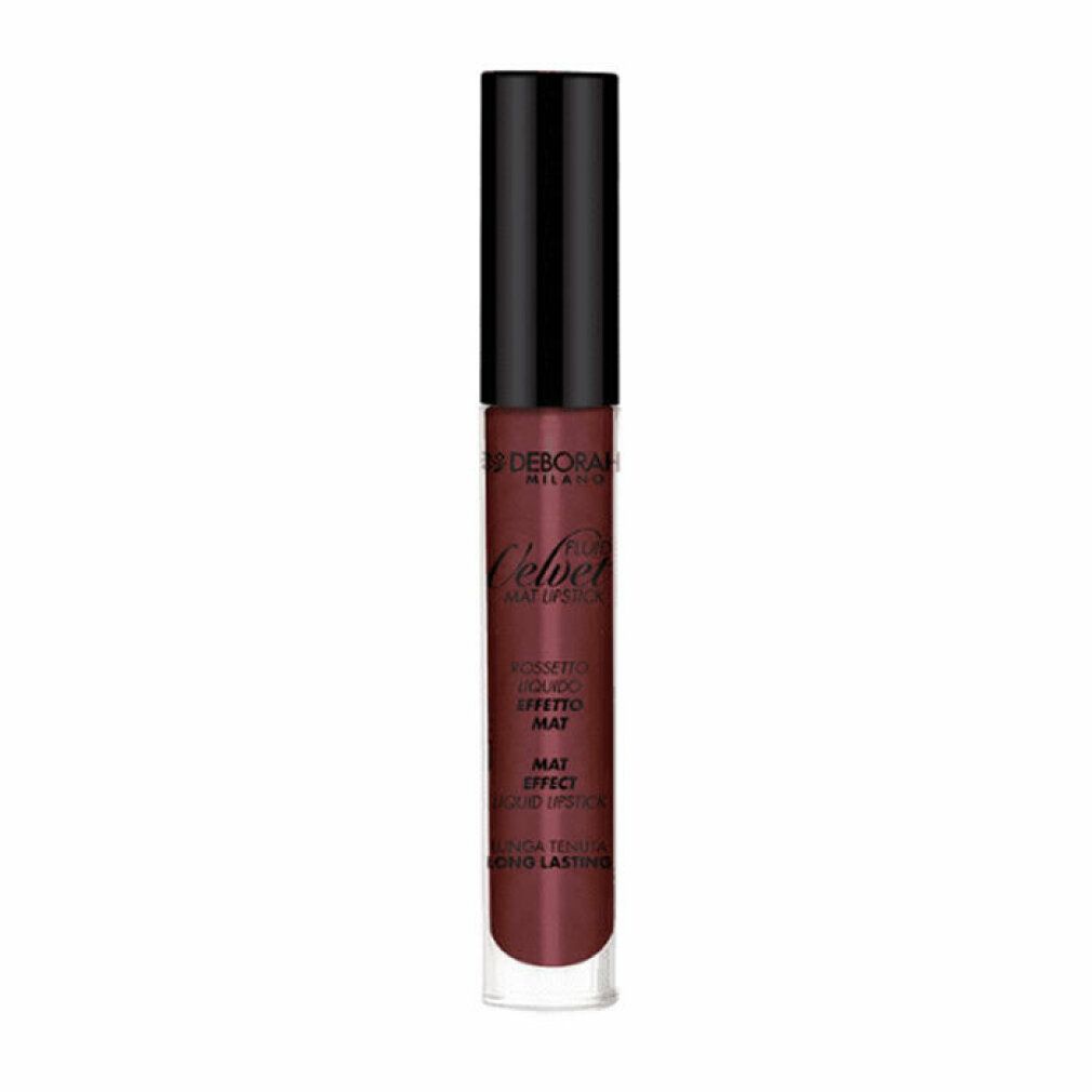 Deborah Milano Velvet Lippenstift. Burgunderrote Farbe. Schwarzer Deckel. Transparente Hülle. Text: MAT EFFECT LIQUID LIPSTICK.