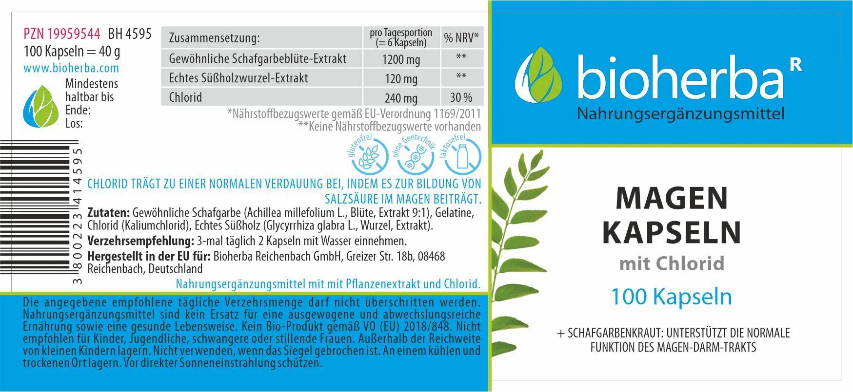 Etikett mit Produktinformationen und Logo "Bioherba". Enthält Text in deutscher Sprache. Weiße Schrift auf blauem Hintergrund.