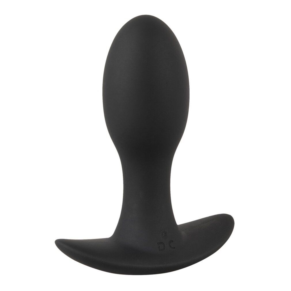 Schwarzer Anus-Plug mit T-förmiger Basis. DC-Markierung. Aus Silikon.