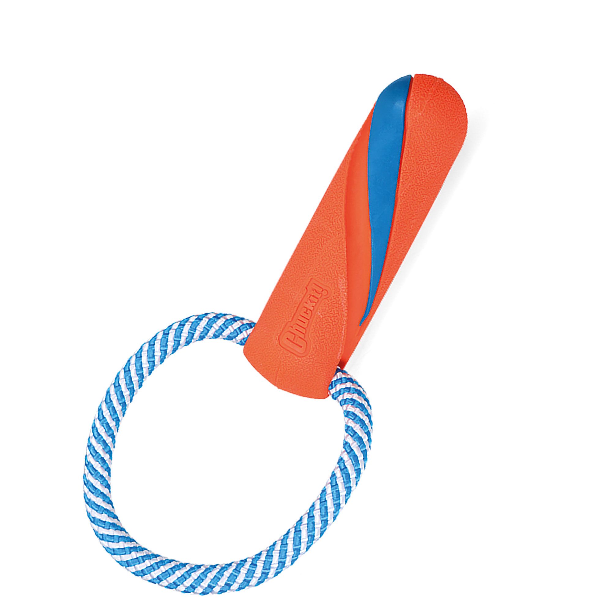 Orangefarbener Bumper mit blauem Akzent und blau-weißem Seilring. Marke Chuckit!