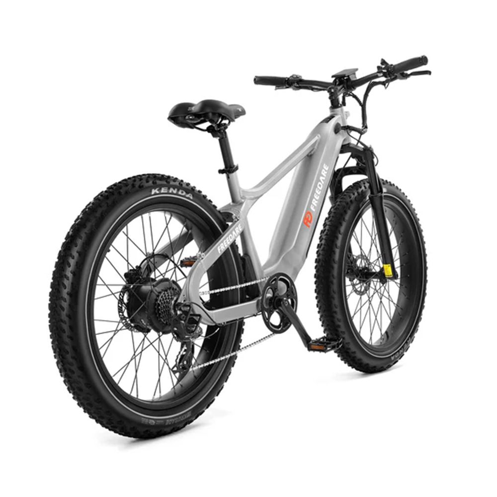 Graues Elektrofahrrad mit schwarzen Reifen. Das Fahrrad hat das Logo FREEDARE und den Schriftzug KENDA. Rückansicht.