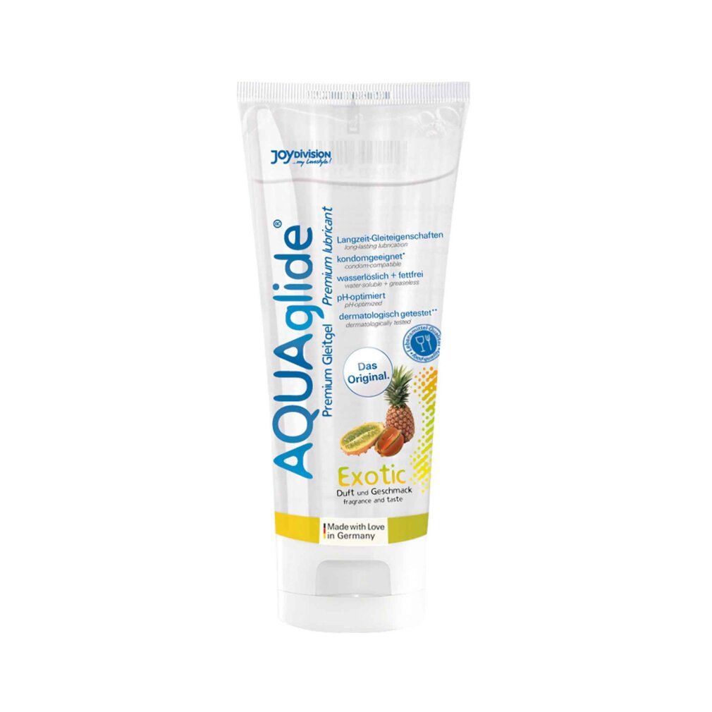 Transparentes Gel in einer Tube. Aufschrift: AQUAglide Premium Gleitgel. Mit Kiwi und Ananas-Illustration. Text: Exotic.