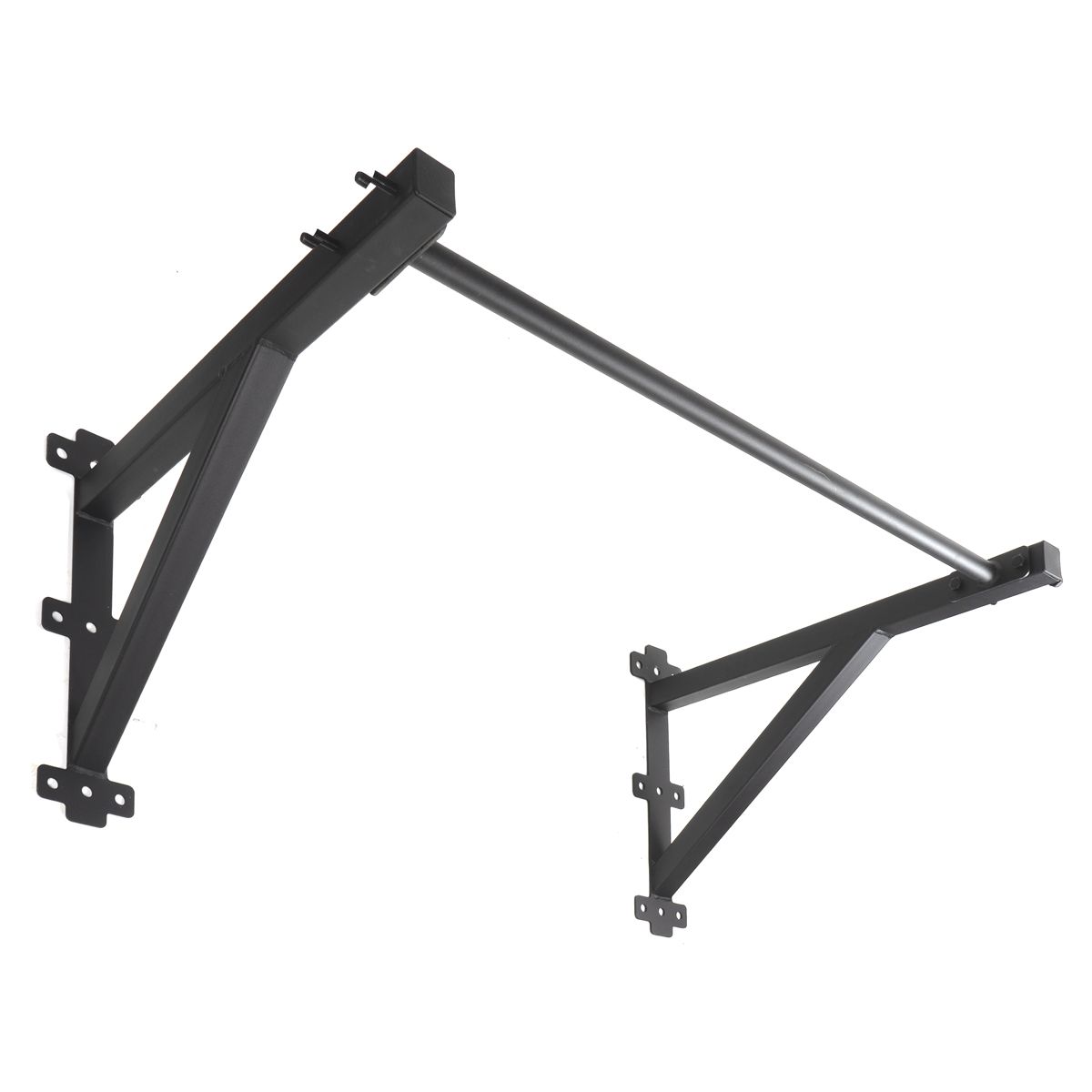 Schwarze Klimmzugstange aus Metall zur Wandmontage. Besteht aus Stange und zwei Halterungen mit Befestigungslöchern.