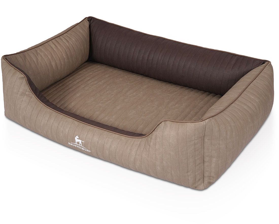 Orthopädisches Hundebett Outlander, beige-braun. Rechteckige Form mit erhöhten Seiten. Logo Knuffelwuff.
