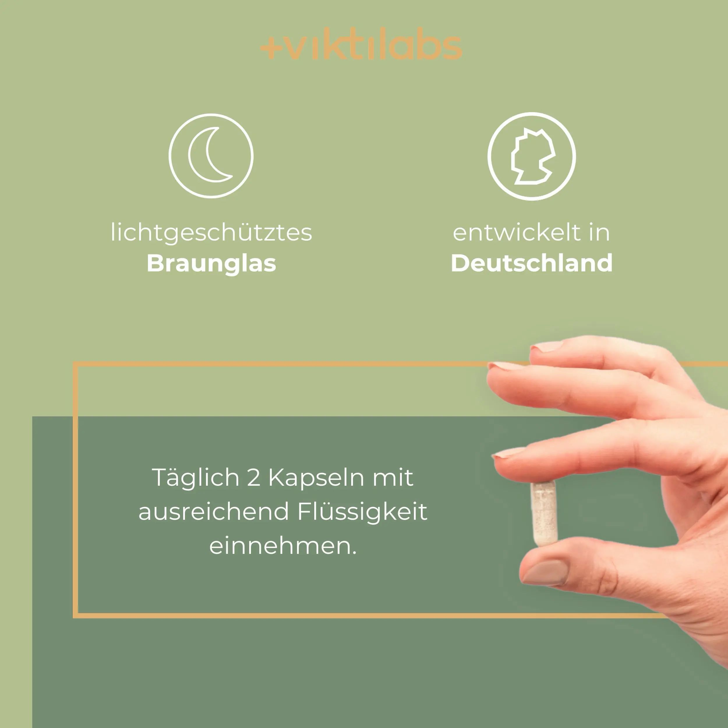 Zwei Symbole: Mond für Lichtschutz, Deutschlandkarte für Herkunft. Hand hält eine Kapsel.