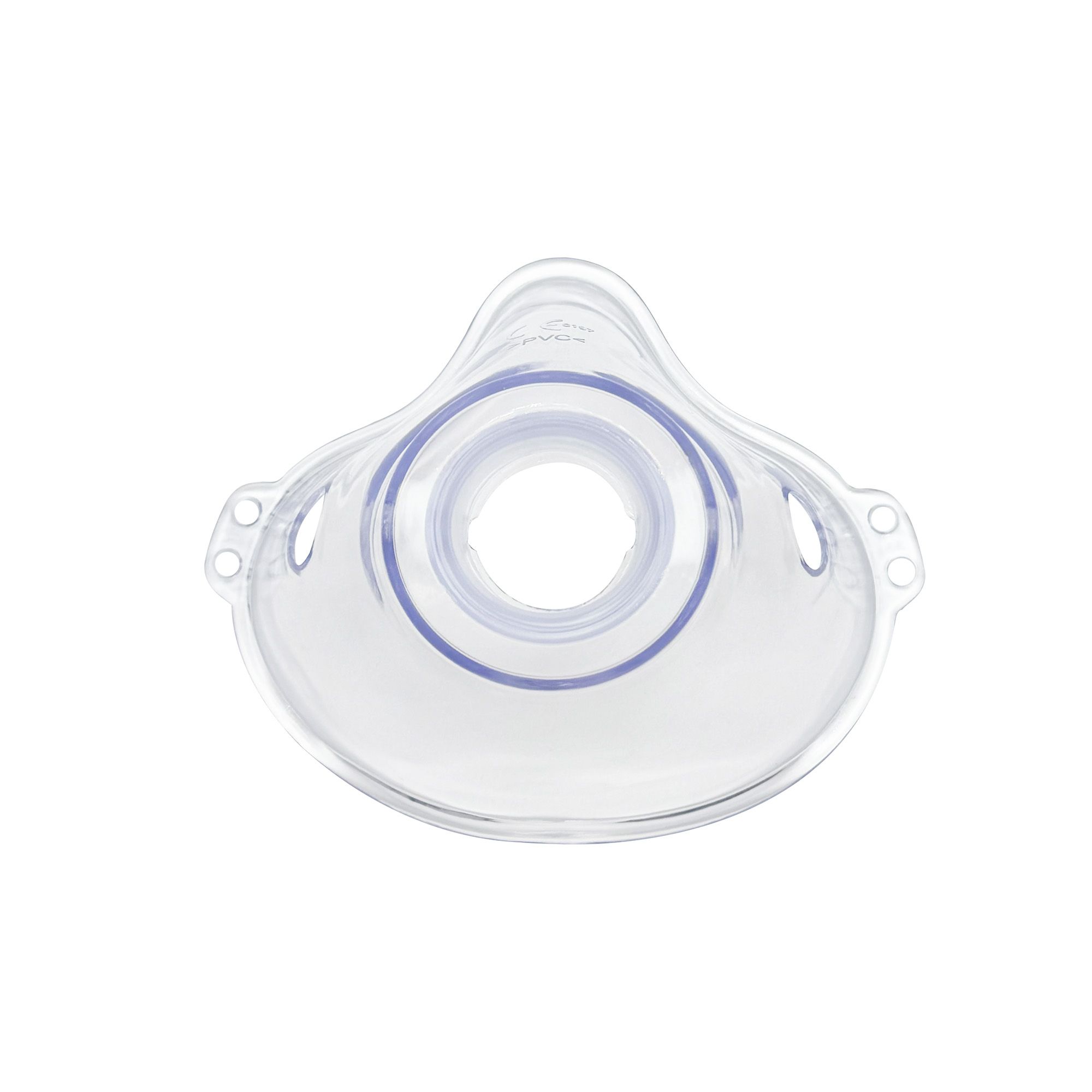 Inhalationsmaske für Kinder. Transparentes Kunststoffteil mit ovaler Form und blauem Ring. Zwei seitliche Öffnungen.