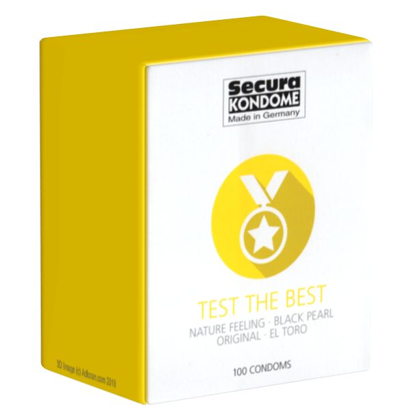 Verpackung mit Secura Kondomen. Aufschrift: Test the Best, Nature Feeling, Black Pearl, Original, El Toro. 100 Kondome. Logo: Secura Kondome, Made in Germany.