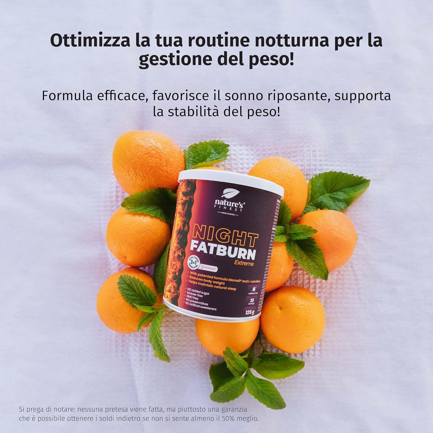 Dose Night FatBurn Extreme auf Orangen und Minze. Text: Optimieren Sie Ihre Nachtroutine.