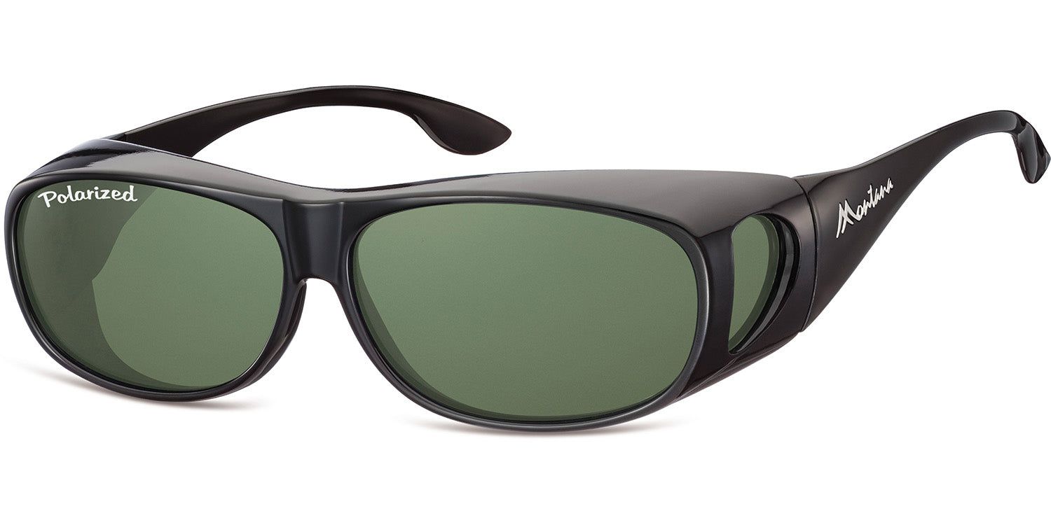 Schwarze Sonnen-Überbrille mit grünen Gläsern. Auf dem linken Glas steht "Polarized". Seitlich "Montana" Schriftzug.